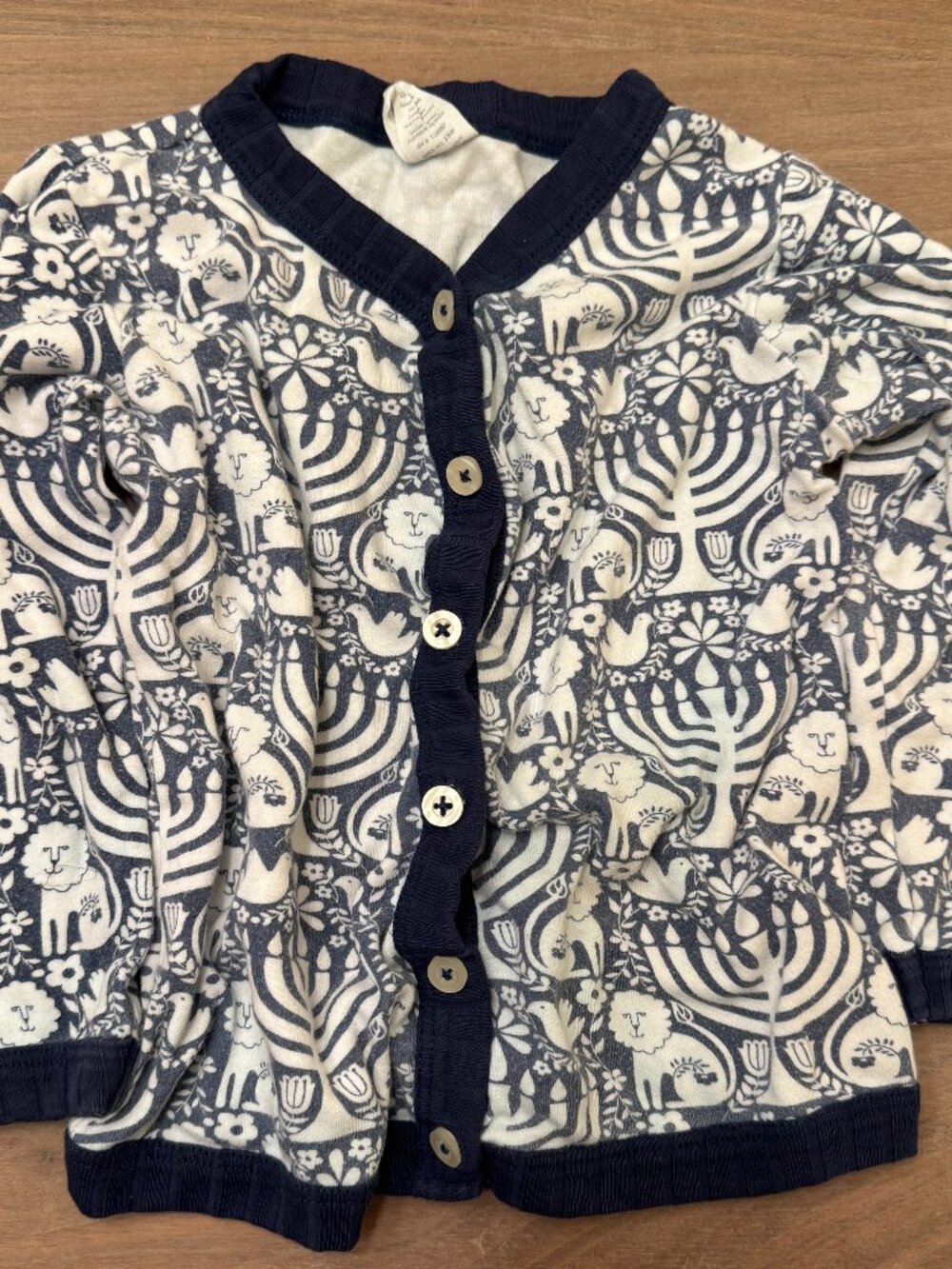Kate Quinn Navy Folk Menorah Dove Print Velour Button Cardigan 3T Hanukkah